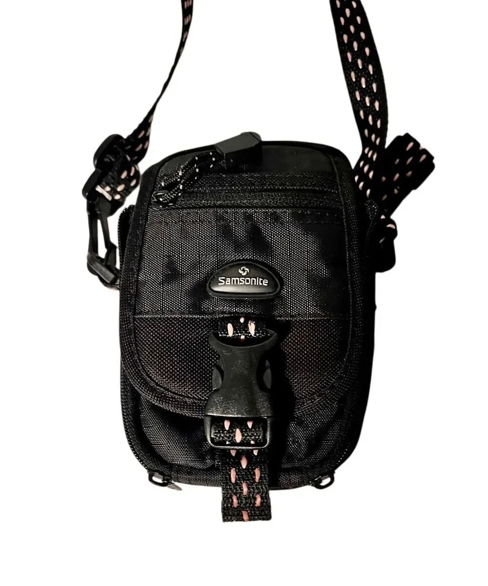 Samsonite Black Compact Camera Bag Phone Case Black and Pink Crossbody Strap